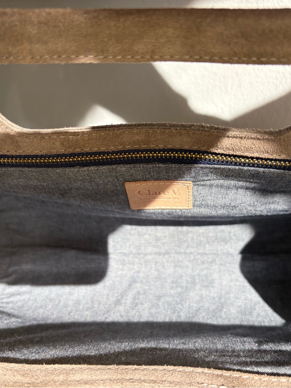Clare V. Petit Maude Maison Mushroom Taupe Gray Suede Clutch Bag 12” x 9.5” x 5” - Picture 13 of 14